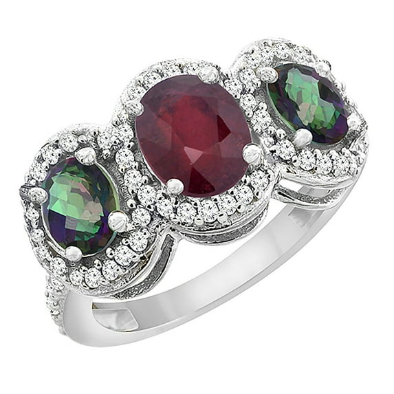 10K White Gold Natural HQ Ruby & Mystic Topaz 3-Stone Ring Oval Diamond Accent, size 5.5