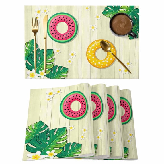 Summer Swimming Rings Placemats Set of 8 Floral Plumeria Yellow Wooden Place Mats Indoor Wipeable Table Mats Washable Cloth Dining Table Placemats for Kitchen Holiday Party Home Decor 13x19 Inch