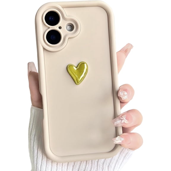 REQO Compatible for iPhone 16 Pro Max Case Cute Aesthetic 3D Heart with Gloss Golden Epoxy Design for Girls Women Soft TPU Shockproof More Protective Girly for iPhone 16 Pro Max Case