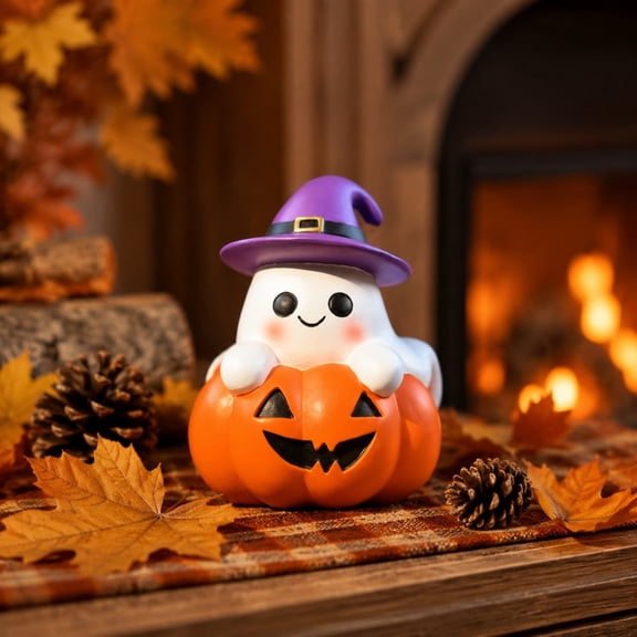 Halloween Pumpkin Ghost Figurine with Witch Hat, Cute Resin Ghost Tabletop Decoration, Pumpkin Ghost Statue for Shelf, Desk, Mantel, Indoor Halloween Party Home Decor