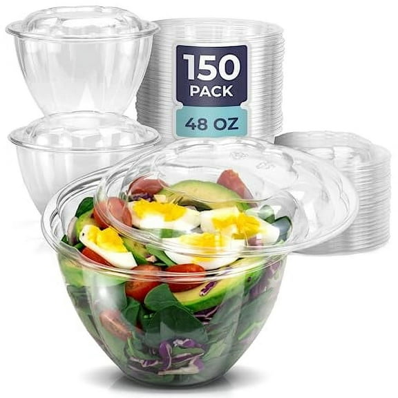 Fit Meal Prep 150 Pack 48 oz Clear Plastic Salad Bowls with Airtight Lids, Disposable To Go Salad Containers for Lunch, Meal, Party, BPA Free Clear Bowl for Acai, Green Salad, Fruits, Nuts