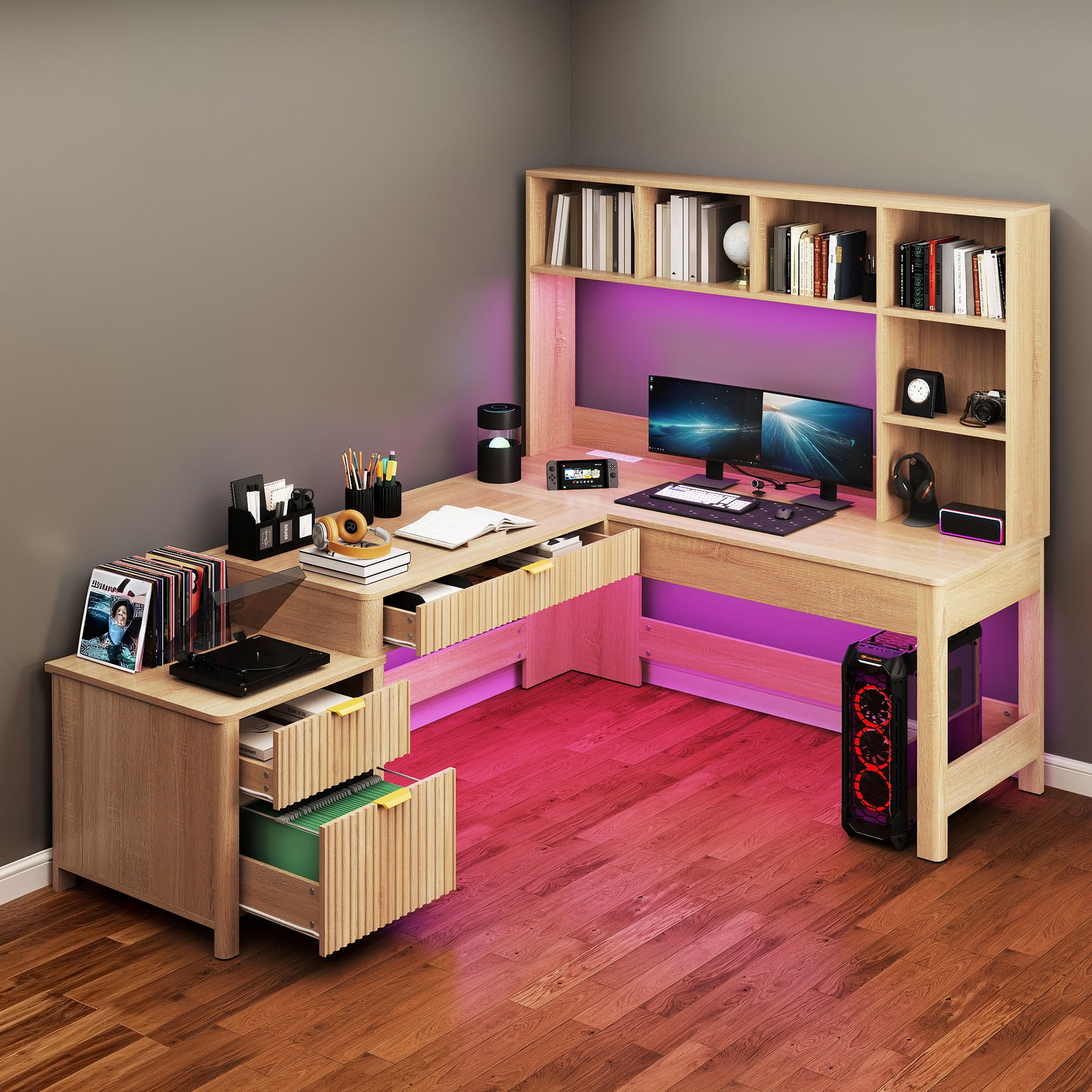 Uforic L Shape Desk with LED Light & Hutch,  Home Office Computer  Desk Executive Desk with Drawers