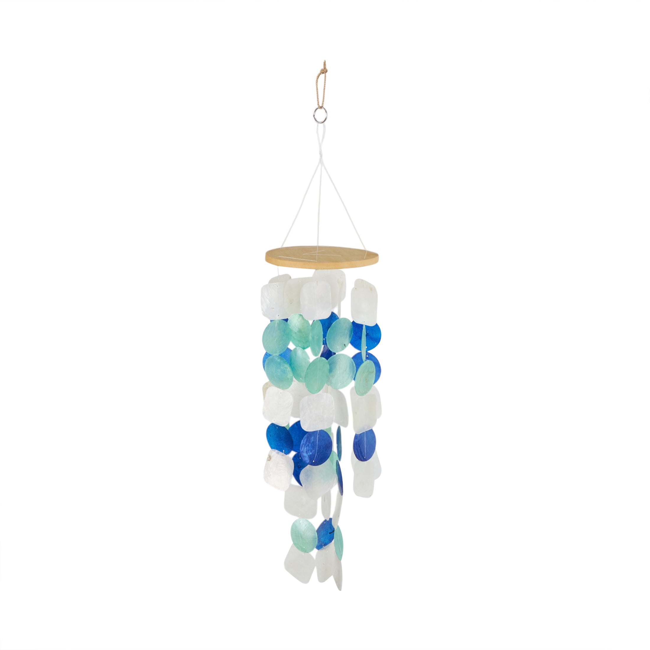 DecMode 5" White Capiz Shell Waterfall Geometric Windchime with Blue and Teal Accents