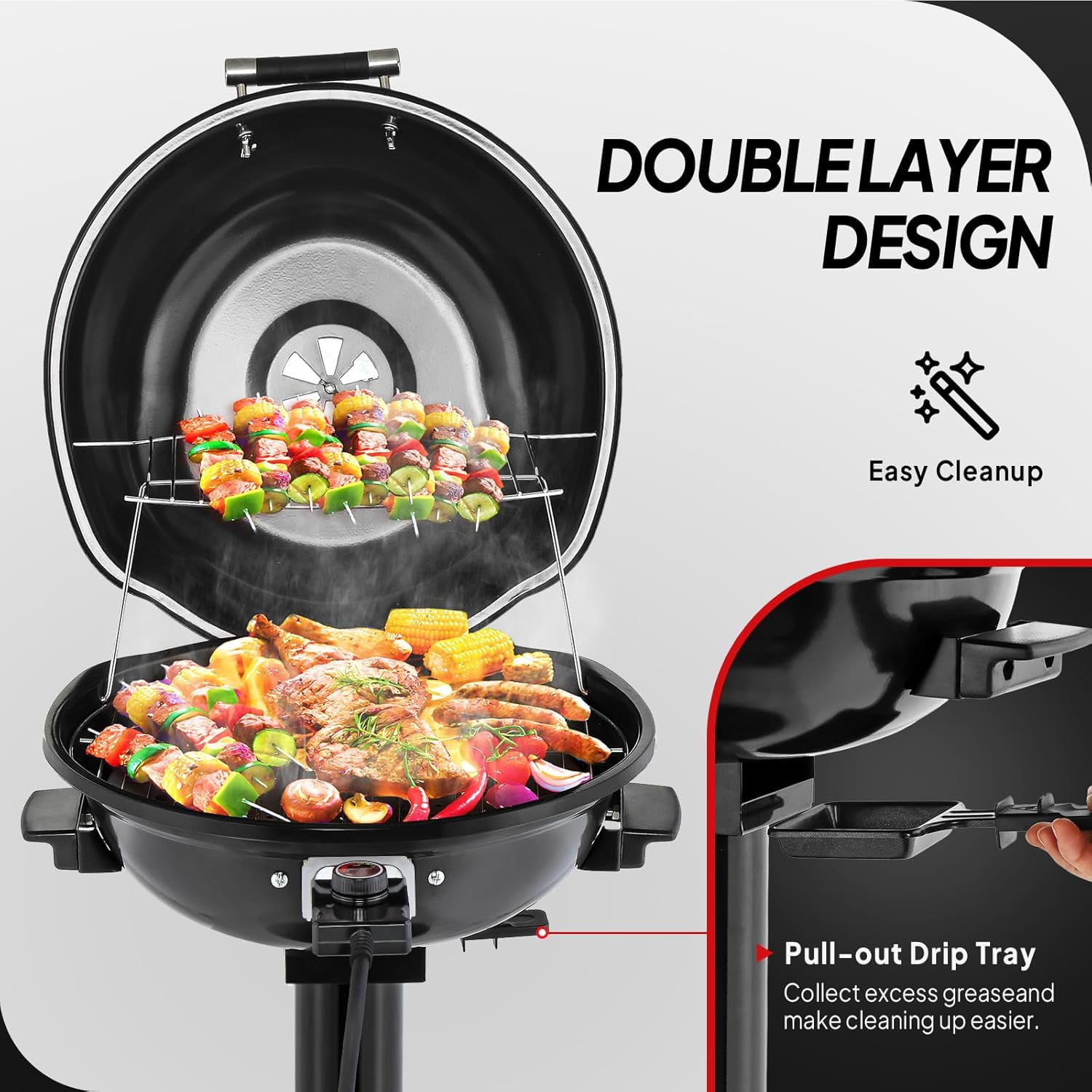 ROVSUN Tabletop Electric Grill with Temperature Control, Double Layer Design, 304 stainless, Portable Removable -Perfect Small Stove for Indoor and Outdoor BBQ, 1600W, Black