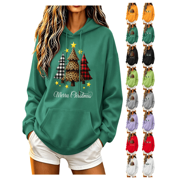 Zynoxe Womens Sweatshirt with Kangaroo Pocket Adjustable Drawstring Hoodie Casual Long Sleeve Pullover Sweatshirt for Women Fashionable Print Ugly Christmas Sweatshirt S