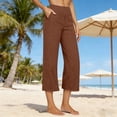 thumbnail image 3 of Linen Capri Pants for Women Wide Leg Summer Boho Capris Dressy Casual Elastic Waist Beach Trousers with Pockets Coffee L, 3 of 8