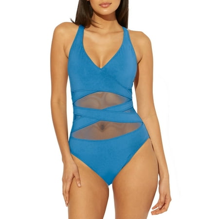 BLEU Women's Blue Stretch Removable Cups Adjustable Deep V Neck Moderate Coverage Don One Piece Swimsuit 14