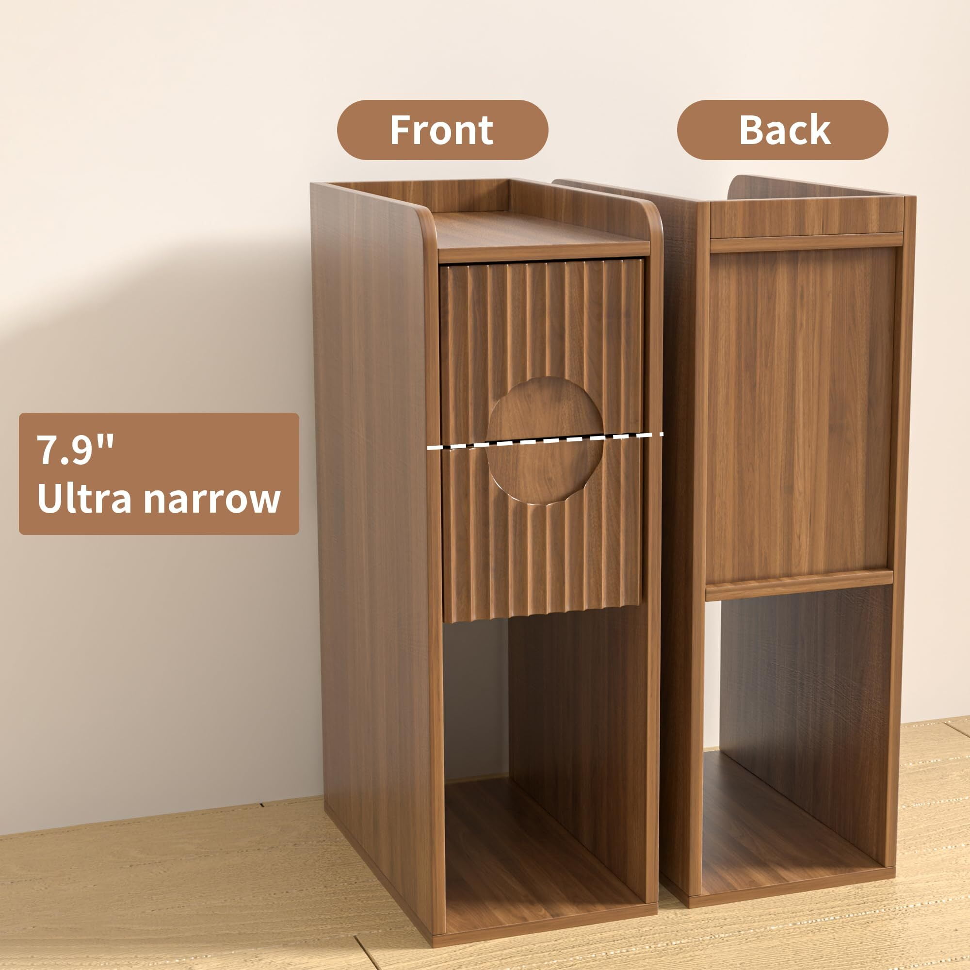 End Tables Set of 2, Small Side Table, Slim Side Table, Wood 2 Drawer Narrow Nightstand
