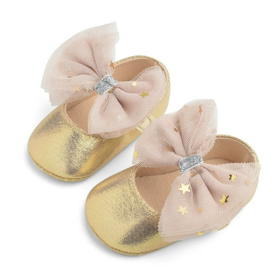Wavsuf Toddler Shoes for Girls Nets Bow Anti-slip Soft Bottom Winter Casual Gold Princess Shoes Size 2