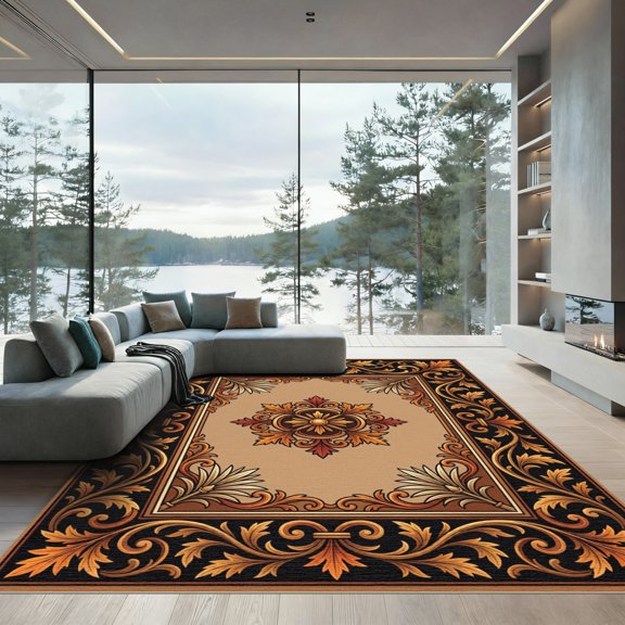 ODIKA 4'x6' Machine Washable Non-Slip Area Rug, Oriental Beige High Traffic Rug, Beige, 1306848