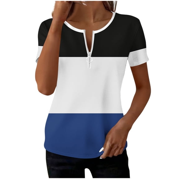 CYMMPU Women's Short Sleeve Shirts Zipper Color Block V Neck Tunic Tops Casual Blouse Summer Fashion T-Shirts Blue XXL
