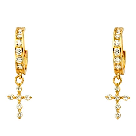 Fancy Tube Earrings - Solid 14k Yellow Gold Cross Dangle Earrings CZ Huggie Hoops Drop Style Religious Fashion Fancy 30 x 7 mm