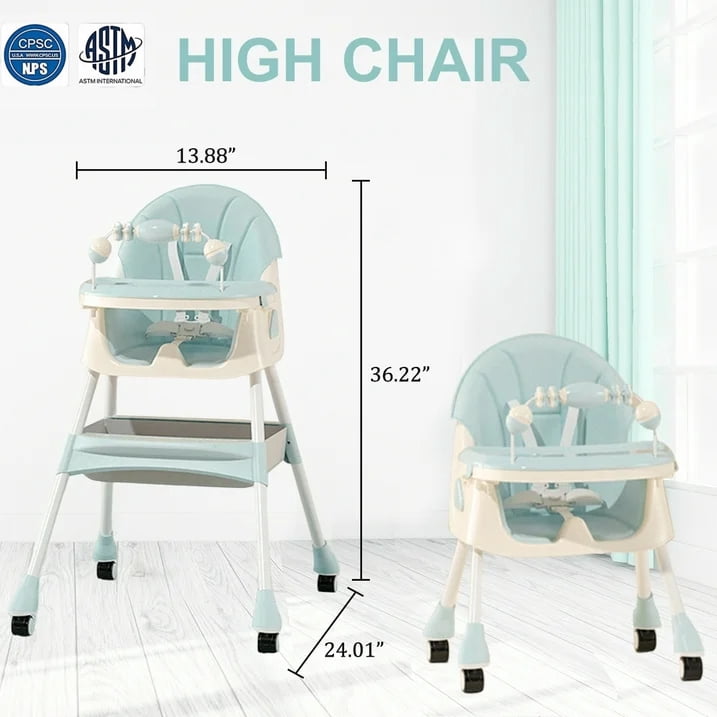 PUEDO 4-in-1 Baby High Chair Portable Toddler Dining Chairs Eat & Play Convertible Highchair with Adjustable Tray, Green
