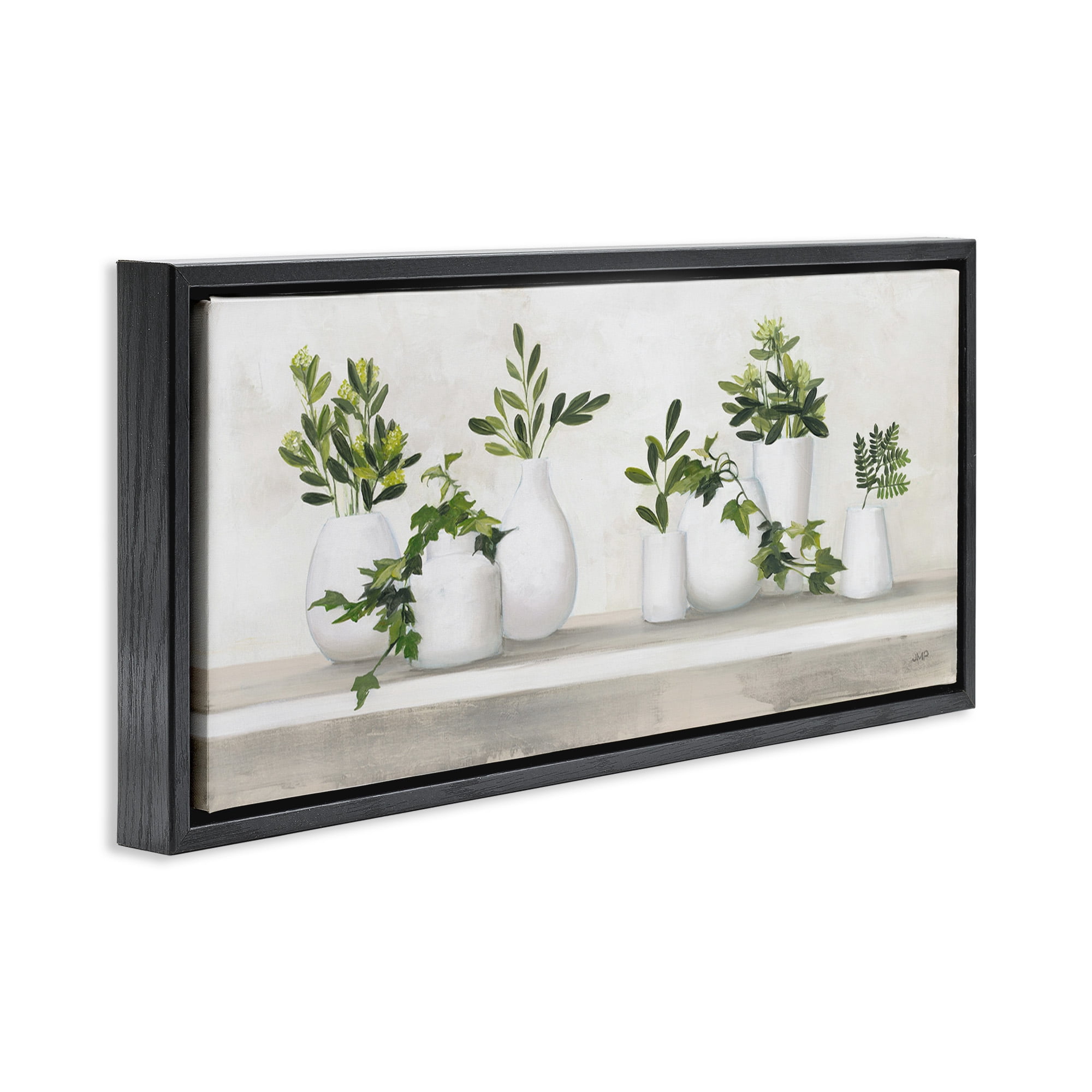 Stupell Industries Traditional Potted Cottage Plants Botanical & Floral Painting Black Floater Framed Canvas Art Print Wall Art, 25 x 11