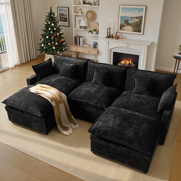 Vcatnet 107" Modular Sectional Sofa Couch L Shaped Chenille Cloud Couch Oversized Modern Minimalist Couch with Ottoman for Living Room, Black
