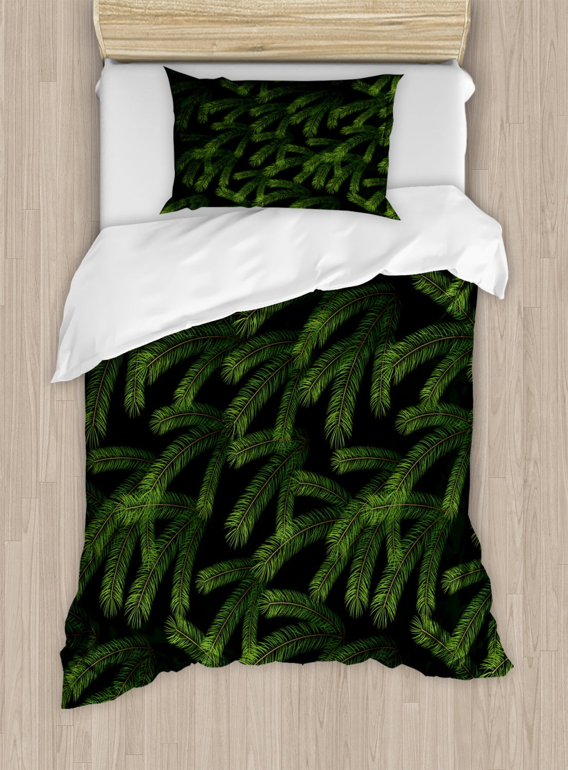 Winter Duvet Cover Set, Vivid Fir Pine Branches Trees Coniferous Trees Evergreen Nature Forest