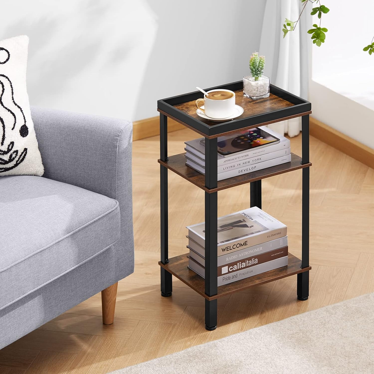 Small Side Table for Small Spaces - Slim End Table with Magazine Holder - 2 in 1 Design Narrow End Table Living Room - Skinny Bedside Table Nightstand Bedroom Thin Side Table, Rustic Brown