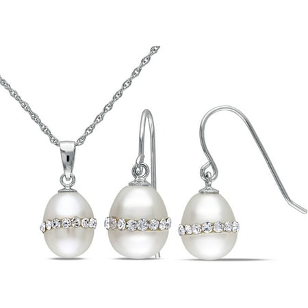 Miabella 8.5-9mm White Rice Cultured Freshwater Pearl and White Crystal Sterling Silver Earrings and Pendant Set, 18