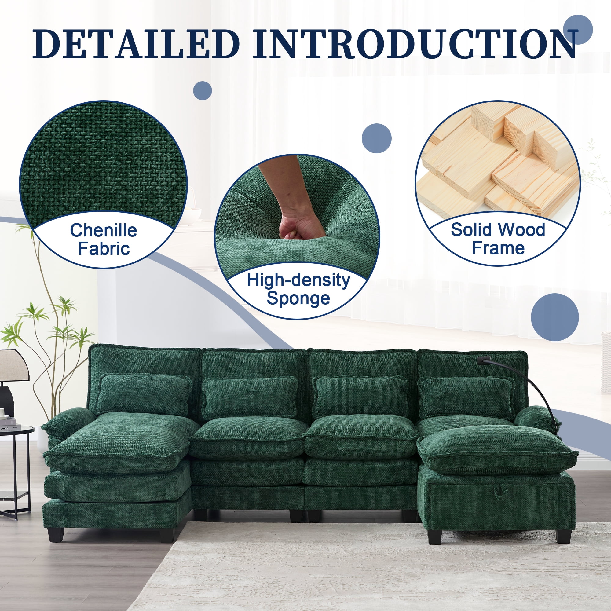 MOONMISS Chenille Upholstered Oversized U-shaped Comfy Modular Sectional Sofa with Storage Ottoman-Emerald