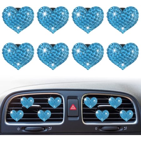 8 Pcs Bling Heart Air Vent Clips, Crystal Heart Car Air Fresheners Vent Clips Car Diffuser Diamond Rhinestone Car Decoration Car Interior Decor Cute Car Accessories for Women Girls (Blue)