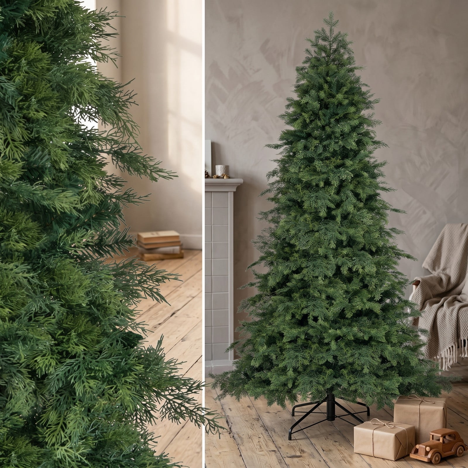 RUIE 7.5 ft Artificial Christmas Tree, Green Hinged Holiday Xmas Tree with 1019 Lush Branch Tips, Foldable Metal Base, 3-Section Unlit Spruce Pine Tree for Home, Green