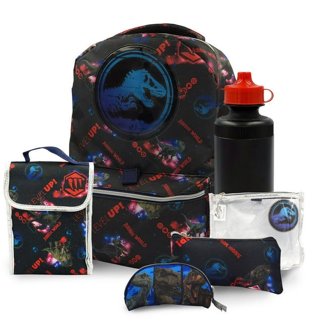 Jurassic Park Backpack 16 inch Child Backpack with Lunch Box - 6 Piece Set for Kids