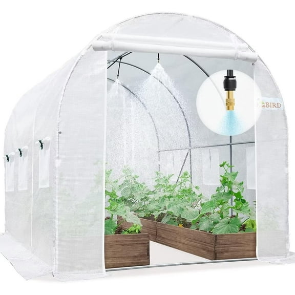 KING BIRD Upgraded 10x6.6x6.6FT Large Walk-in Greenhouse Heavy Duty Galvanized Steel Frame 2 Zippered Screen Doors 6 Screen Windows Tunnel Garden Plant Hot Green House w/ Irrigation Watering Kit White