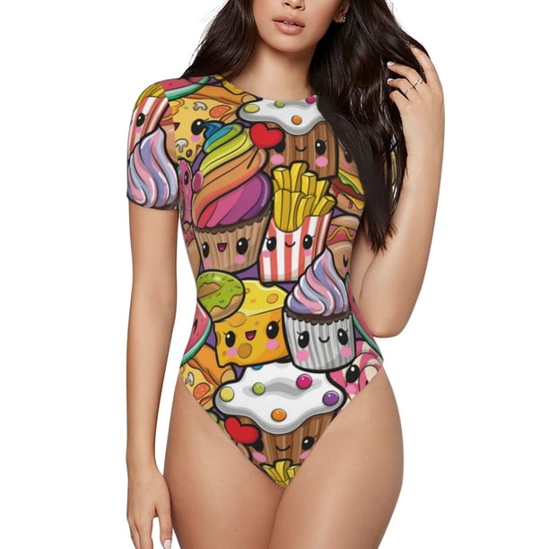 Balery Fruit-Flavored Ice-Cream Body de cuello redondo de manga corta para mujer Tops de manga corta Tops básicos-X-Large