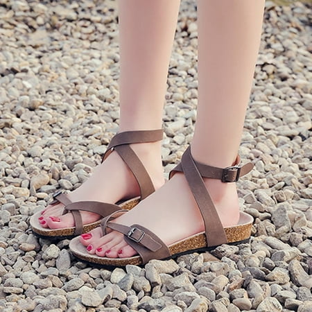 

Ladies Sandals PU Strappy Flat Bottom Flip Flops Ankle Strap for Summer 40