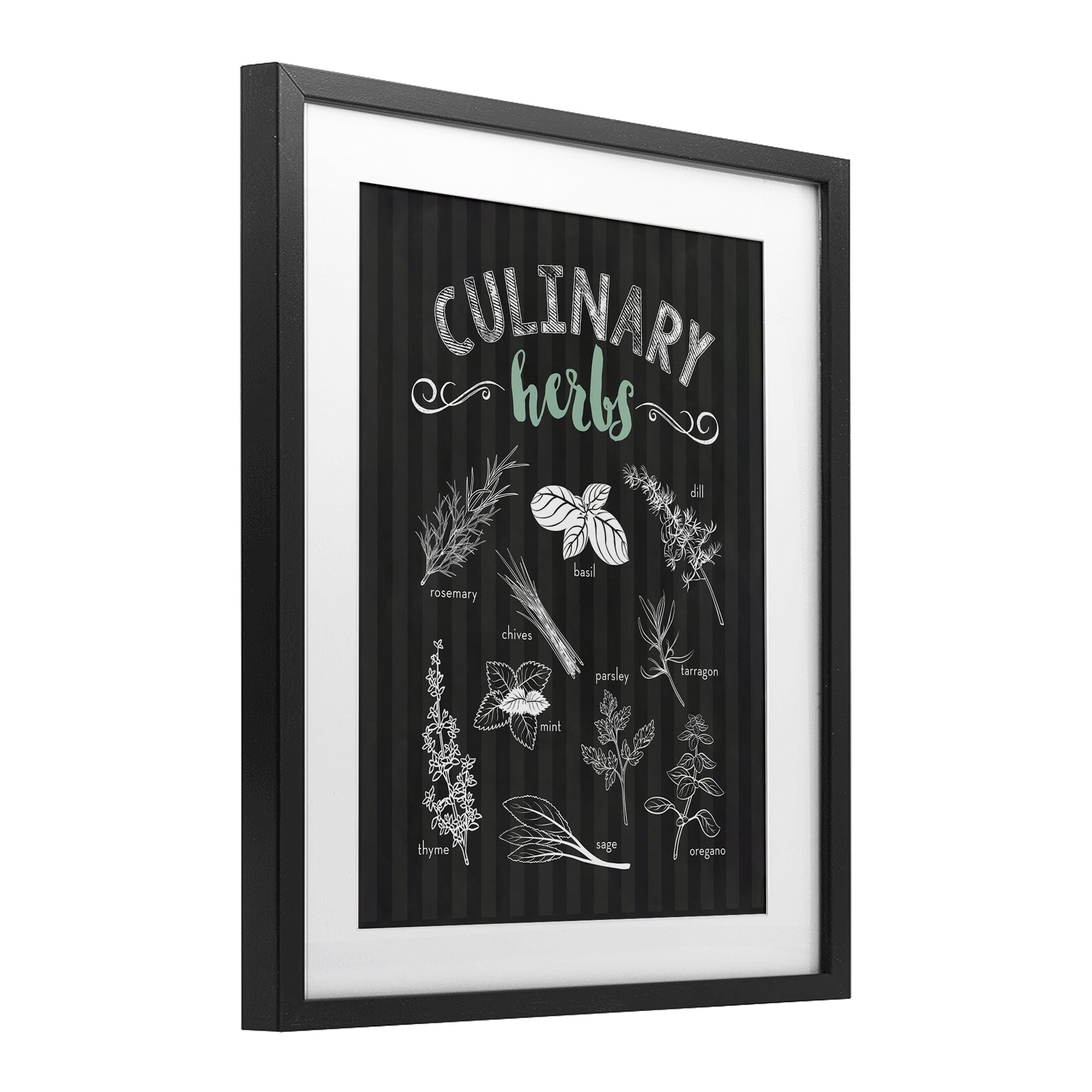 Culinary Herbs on Stripes Black Framed Print Under Glass, design by Lettered and Lined