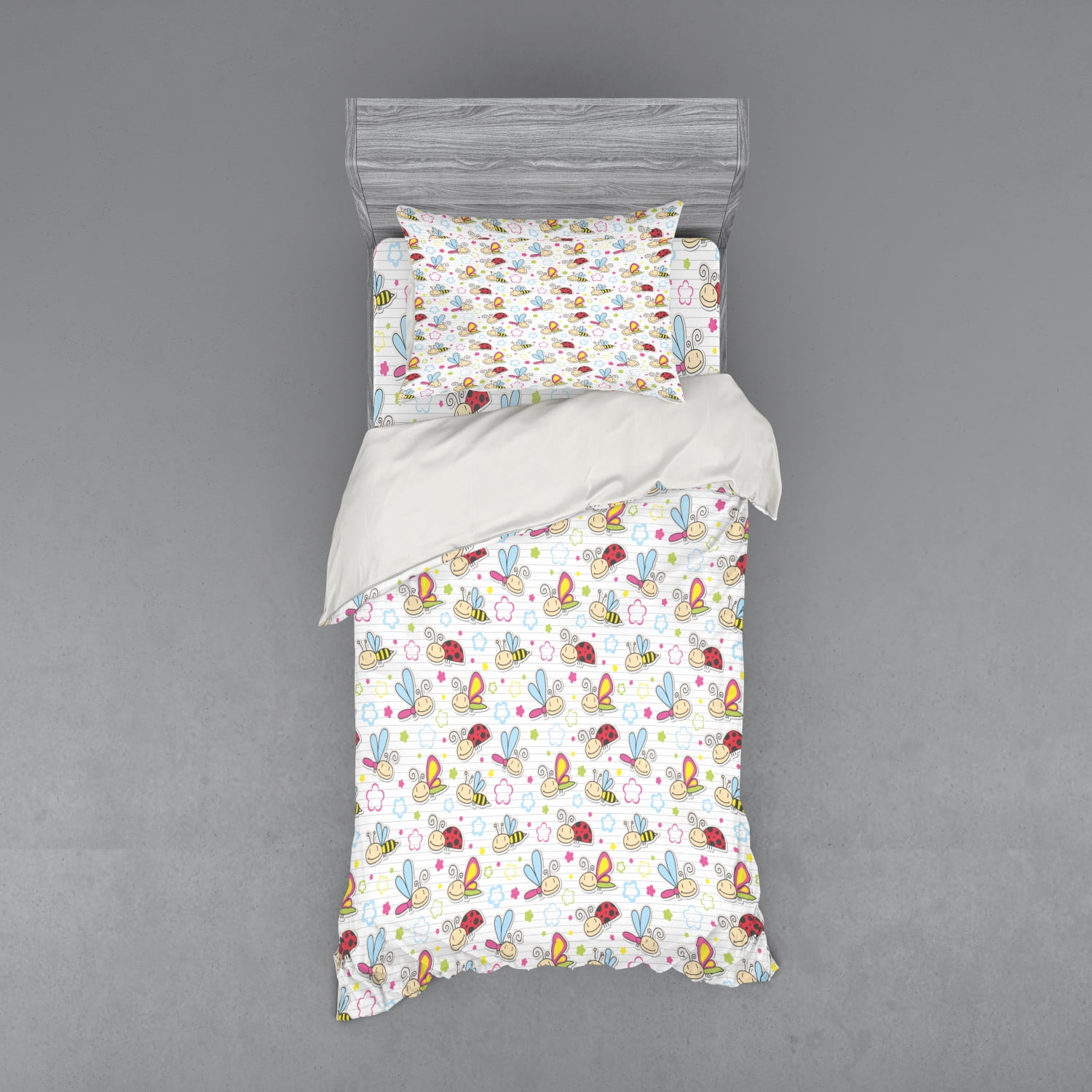 Nursery Duvet Cover Set, Bugs with Colorful Flowers Ladybugs