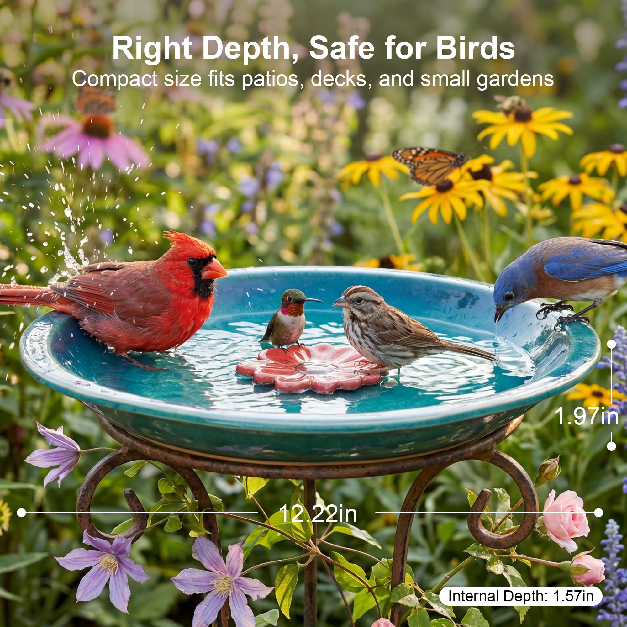 Topadorn Birdbath Ceramic Bowl Decor for Bee Bird Bath Outdoor Garden Vintage Yard,Blue with Red Flower