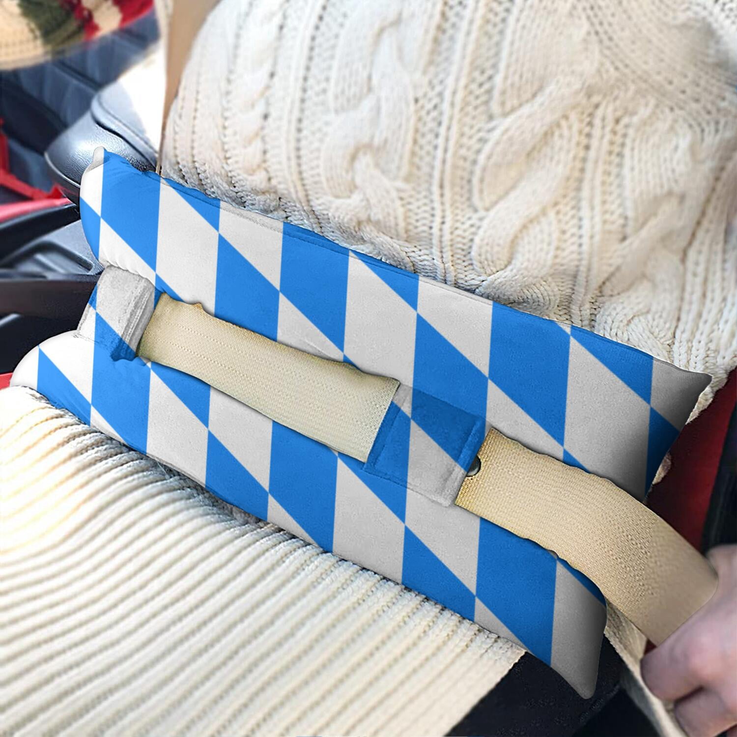 Abstract Plaid Post-Surgery Seatbelt Pillow - Mastectomy Comfort Cushion - Secure Straps for Firm Placement