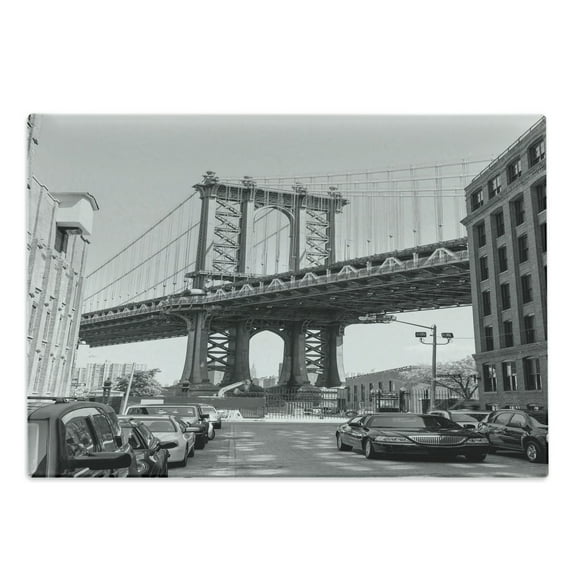 Landscape Cutting Board, Brooklyn New York Usa Landmark Bridge Street with Cars Photo, Decorative Tempered Glass Cutting and Serving Board, Large Size, Charcoal Grey White, by Ambesonne