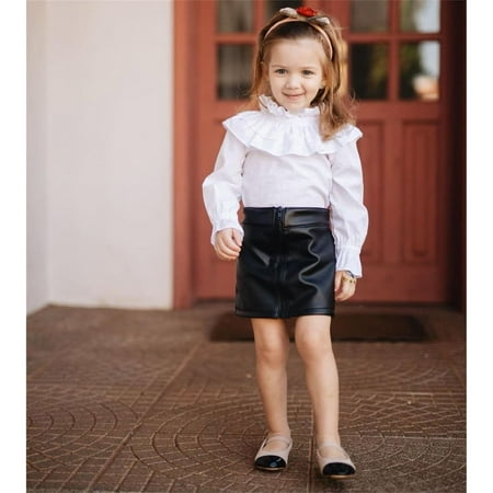 

nsendm Toddler Kids Baby Girls Long Sleeve Ruffle T Shirt Tops PU Leather Zipper Skirts 2PCS Princess Teen Girls Fashion Childrenscostume White 2-3 Years