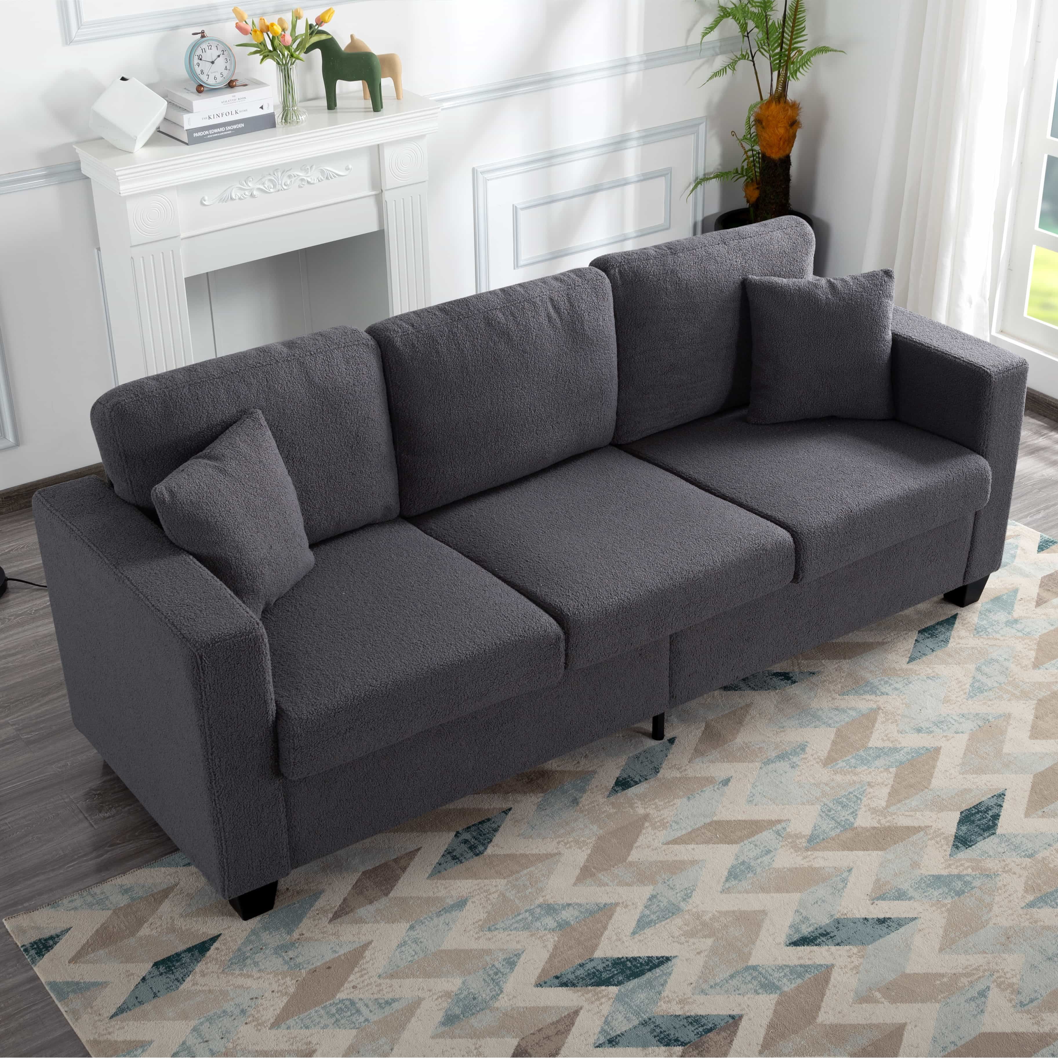 BSHTI 86.5 inch Modern Style Teddy Fabric Sofa with 2 Pillows,Featuring Extra-Wide Deep Sofa,Suitable for Living Room,Bedroom,Office Beige