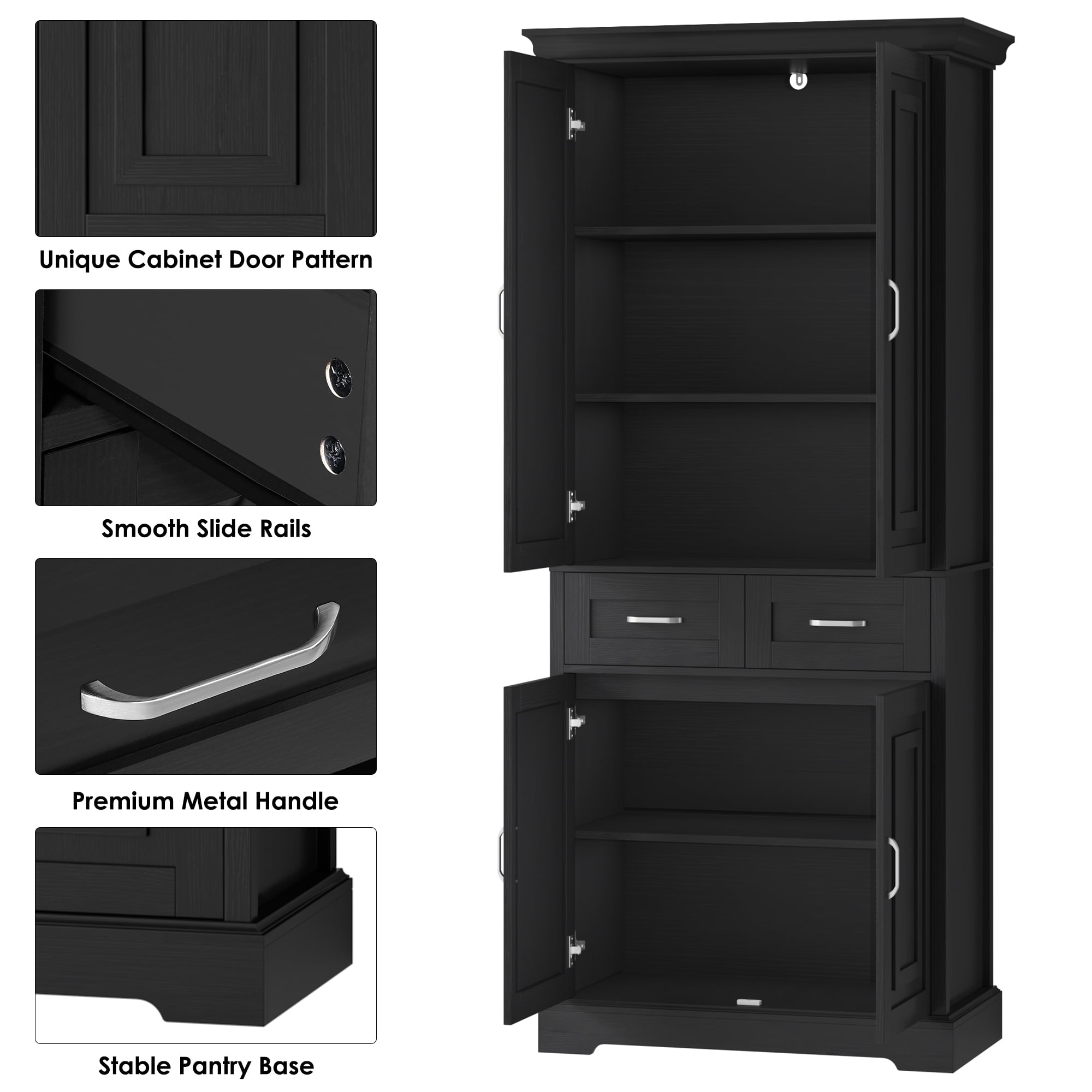 Homfa 70.9'' Tall Kitchen Pantry with 4 Doors, 2 Drawer Modern Freestanding Storage Cabinet for Dining Room Living Room, Black