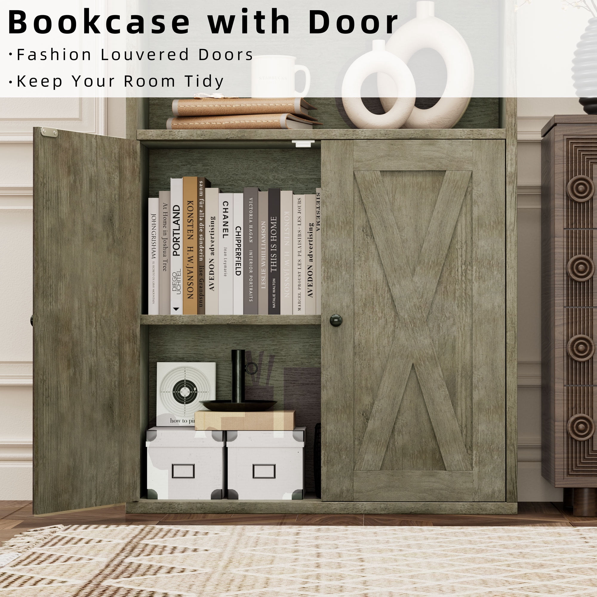 Walsunny Bookcase with Doors, 6-Tier Bookshelf with Storage, Farmhouse Bookshelves with Cabinet, Storage Display Shelf for Living Room Home Office, Gray