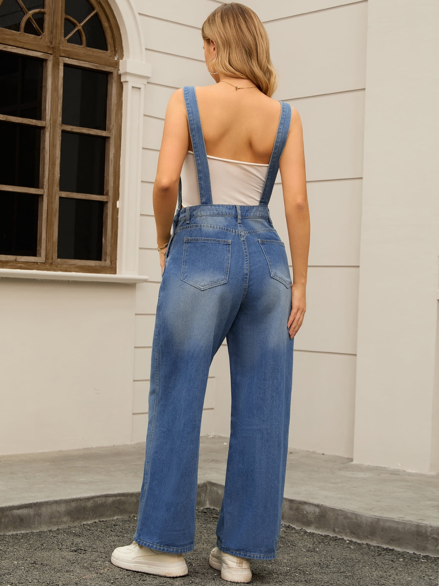 DARING DIVA Women's Denim Adjustable Straps Straight Leg Baggy Jumpsuits L Blue