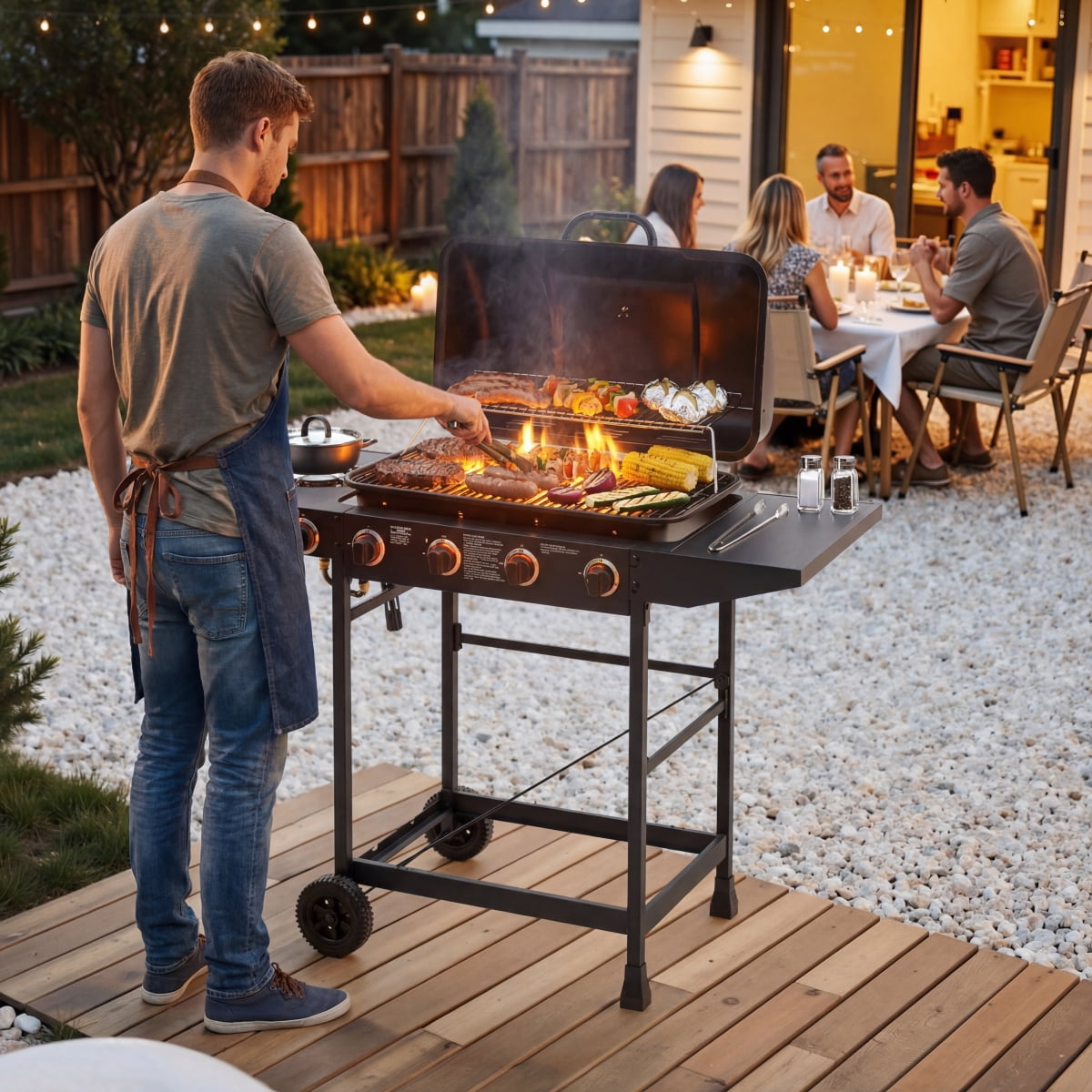 4 Burner BBQ Propane Gas Grill with Side Burner 42000 BTU Output Stainless Steel Barbecue Grill with Enamel Coated Grates and Side Tables for Outdoor Cooking Kitchen and Patio Backyard