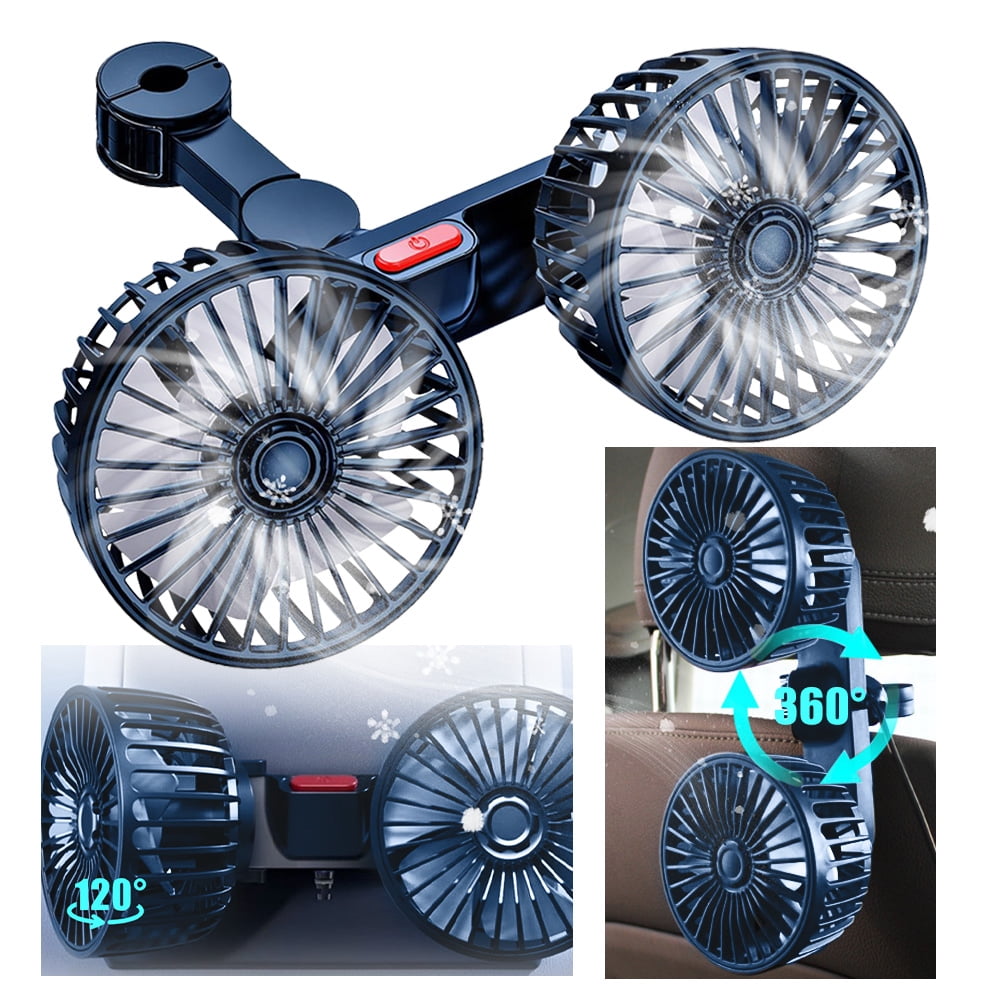 4 Inch Dual Head Car Fan with 3 Speeds, 360° Rotatable USB Car Cooling Fan with Dual USB Car Charger for Back Seat Passenger Kids Pets