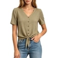 thumbnail image 2 of Tqyyweavej Women Cotton Linen Button Down Tops Tie Front Short Sleeve Shirts Casual V Neck Summer Tops for Women Size S to 2XL, 2 of 9
