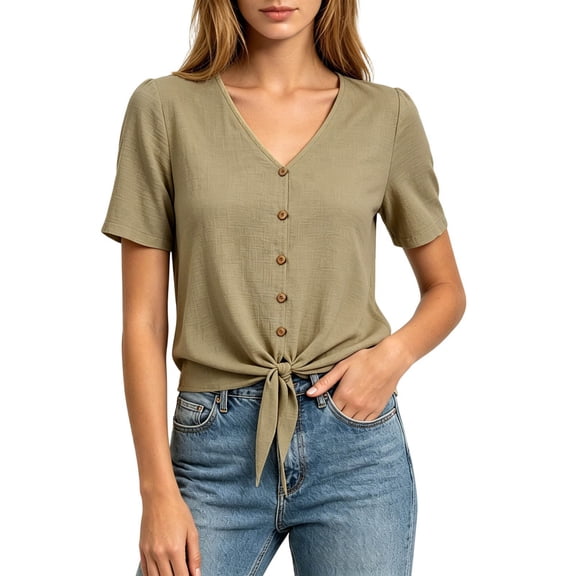 Lindreshi Cotton Linen Tops for Women Summer V Neck Short Sleeve Button Up Shirt With Front Placket and Lace Up Top