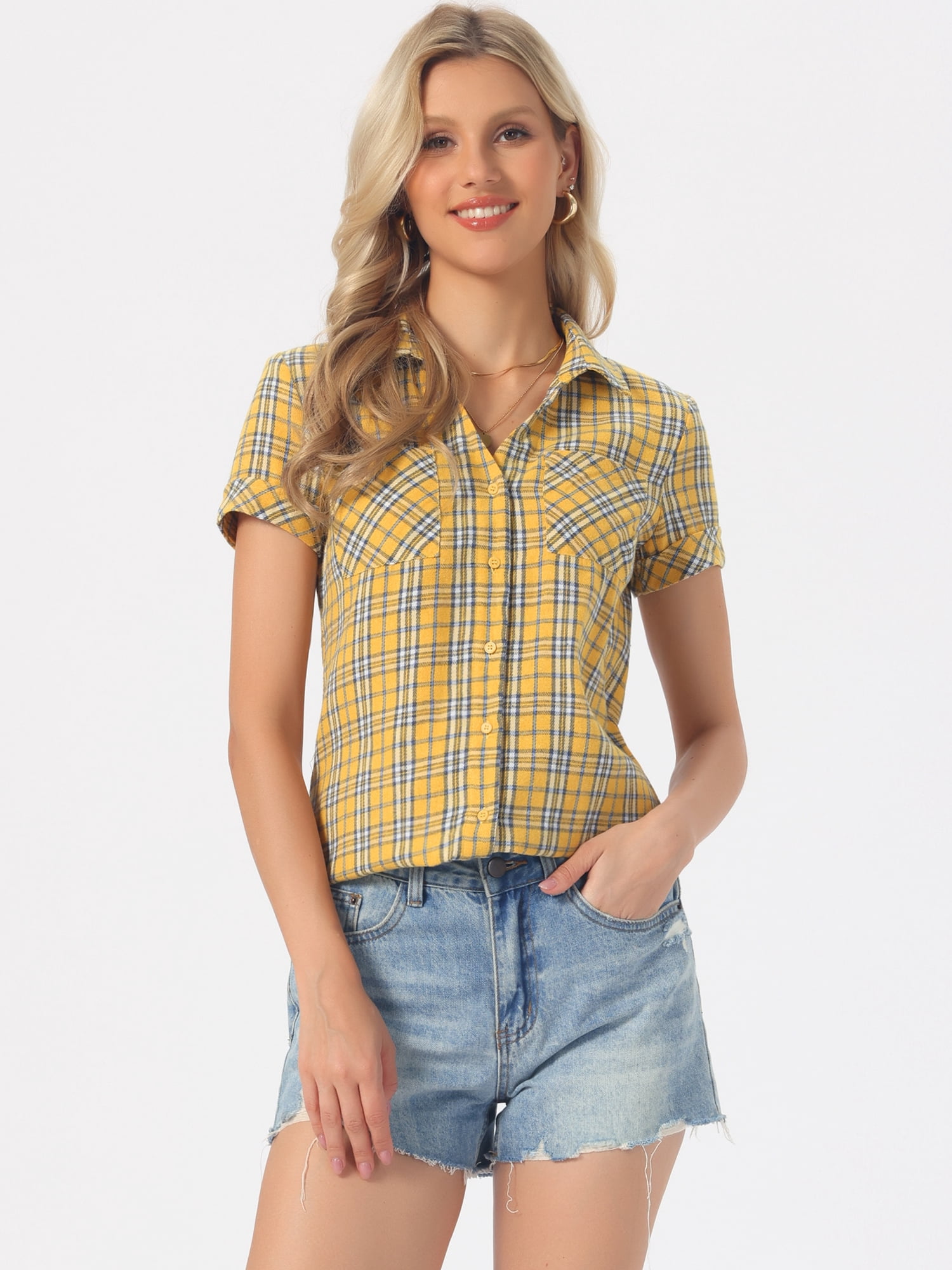 DARING DIVA Women's Plaid Shirts Cotton Short Sleeve Button Down Shirt S Cream