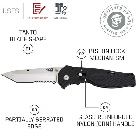 SOG Tanto EDC Knife - Flash II Tanto, Folding Knife, Pocket Knife, w/ Partially Serrated Edge Folding Knife Blade w/ Assisted Opening Tech 
