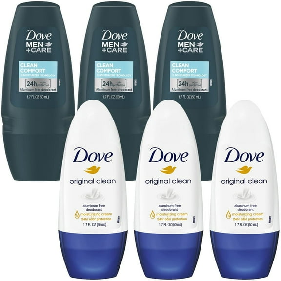 Dove Aluminum-Free Deodorant for Women, Original Clean 3-Pack Men Care Clean Comfort Deodorant 3-Pack – ¼ Moisturizing Cream Roll-On Formulas with 24H Odor Protection, 1.7 Oz Ea