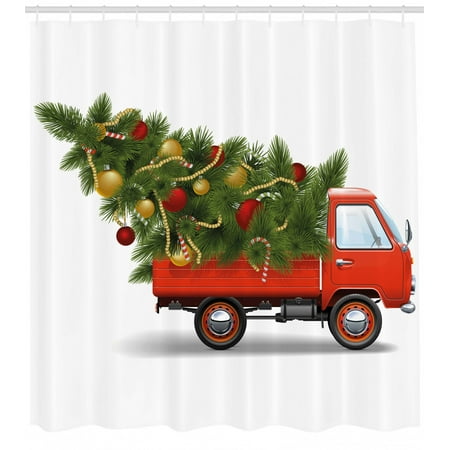 Christmas Shower Curtain Red Retro Style Farm Truck And Big