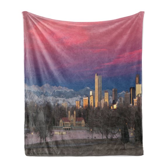 Denver Soft Flannel Fleece Throw Blanket, Panoramic View of Colorado Skyline Landscape Pinkish Reddish Sky Evening Sunset, Cozy Plush for Indoor and Outdoor Use, 60" x 80", Multicolor, by Ambesonne