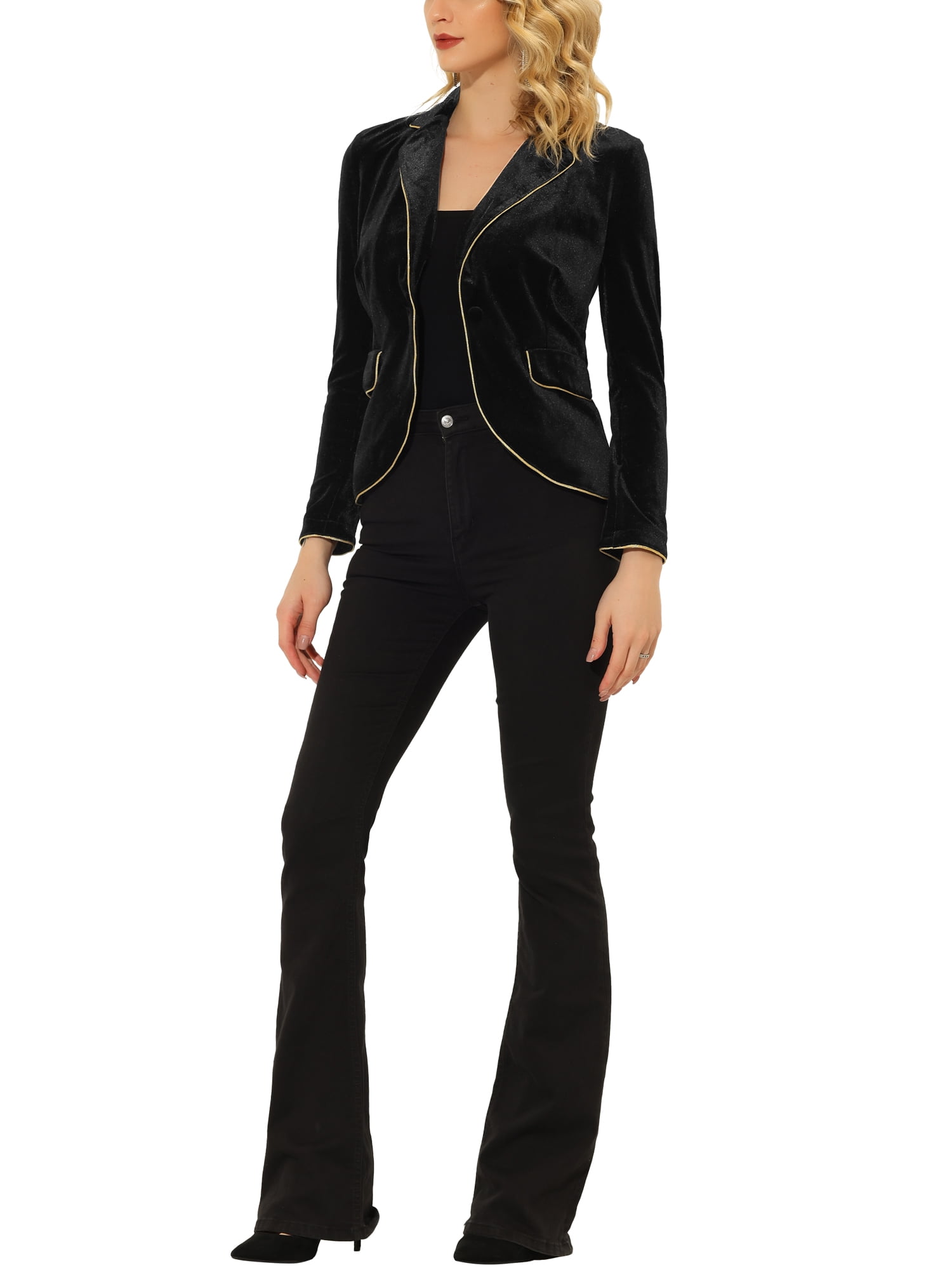 Unique Bargains Women's One Button Notched Lapel Long Sleeves Velvet Blazer XL Black