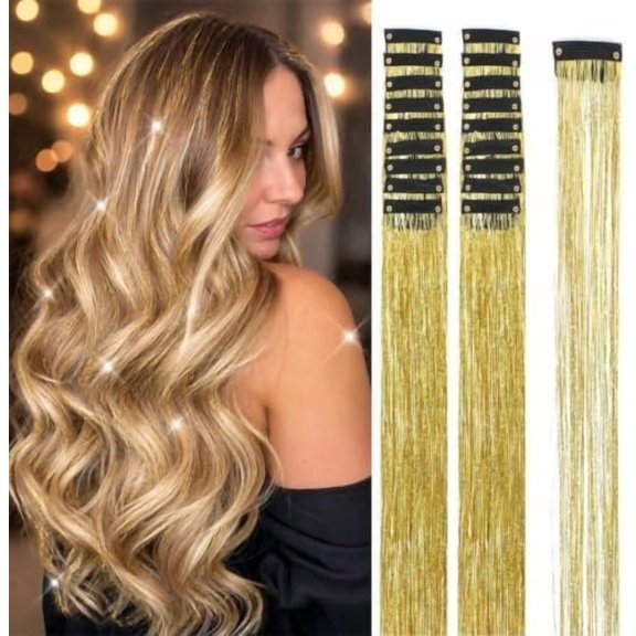 Hair Tinsel Clip in 18 count 24Inch Glitter Hair Extensions Clip in Tinsel Kit Heat Resistant,Sparkly Fairy Accessories for Women Girls ()